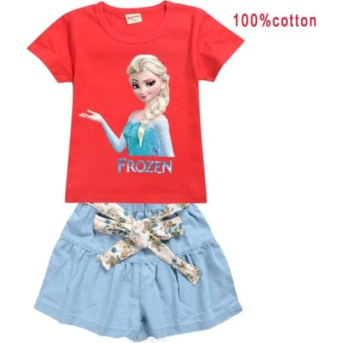 Disney Sets summer New 2 Pieces Elsa Infant Baby Girls Clothes Set Childrens suit t shirt + Denim Skirt Pants student clothes