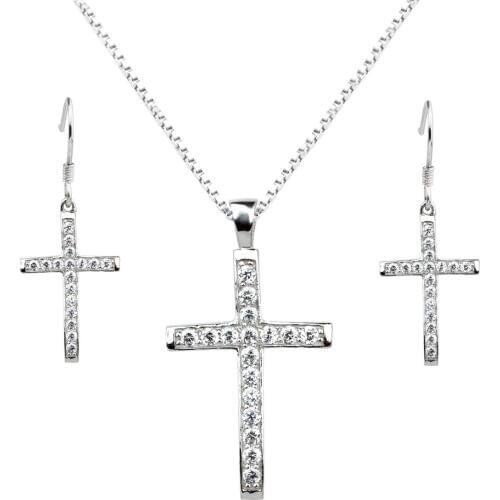 925 Sterling Silver Jewelry Set Cross Dangle Earrings Pendant Necklace Set with Hook Clear Stone 18-inch Box Link Chain SET009