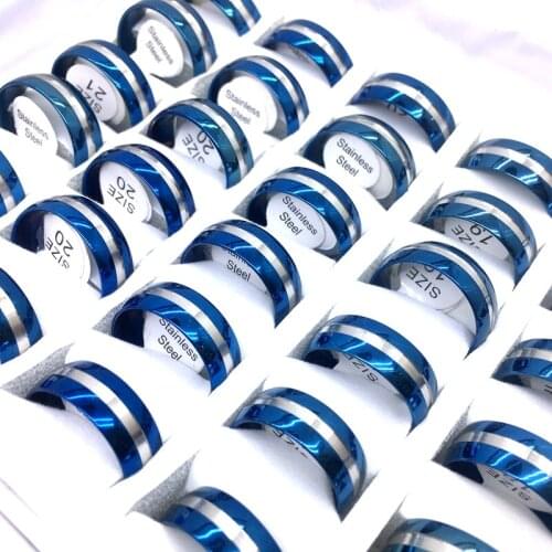 MixMax 36PCs Blue Mens Womens 8MM Width Stainless Steel Band Rings Fashion Jewelry Wholesale Lot