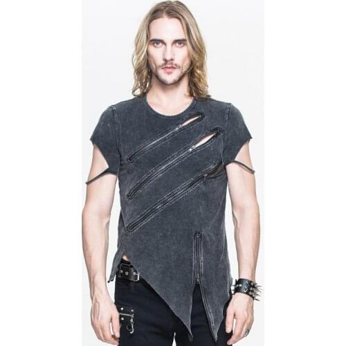 Devil Fashion Summer O-Neck Short Sleeve Casual T Shirt Men Punk Gothic Hollow Out Asymmetrical Loose Men Tops Tee Shirt Homme