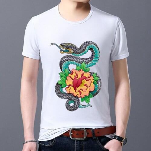 Mens Trendy T-shirt Flower Snake Pattern Series Printing All-match Punk Funny Round Neck Slim Top Commuter Casual Mens T-shirt