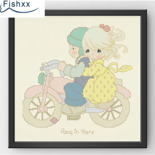 European Style Hanging Pastoral Style Cartoon Characters Fishxx Cross Stitch Kit H133 Couples Ride To Play Hand Embroidery