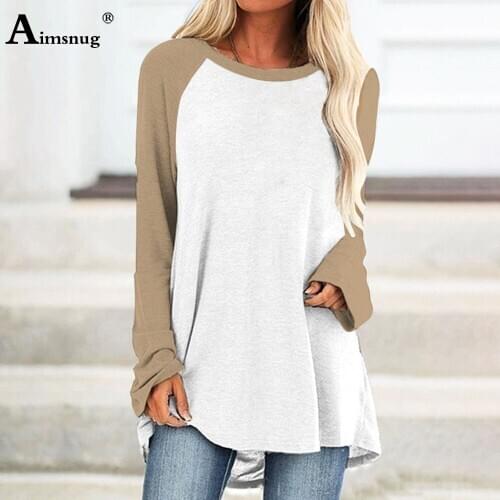 2021 Summer New Patchwork Long Shirt Basic Tops Plus Size Women Long Sleeve O-Neck T-Shirt Casual Loose Tees Clothing Femme 5XL