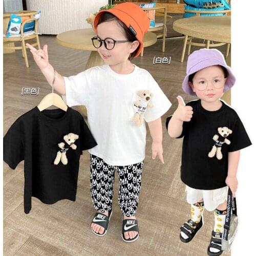 2021 Summer New Girls Korean Fashion Cute Bear T Shirts Candy Color Tops Boys Kids Clothes Kawaii Streetwear Doll T-Shirt