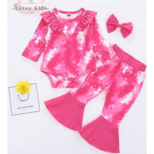 2020 Autumn Baby Girl Clothes 3PCS Set Tie Dye Long Sleeve Ruffle Bodysuit Flare Pants Headdress Pink Cotton Soft Costume