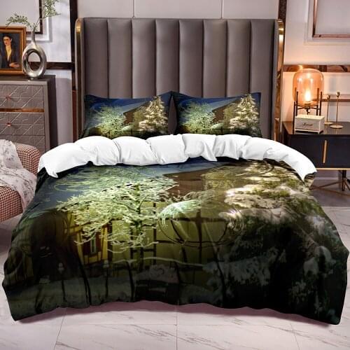 Winter House Painting Print Duvet Cover with Farmhouse Style Bedding Comforter Cover with Zipper Closure Corner Ties