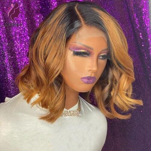 Transparent HDLace Ombre Brown Colored Short Bob Wavy Wig Human Hair 13x4 Lace Front Wigs Body Wave Lace Closure Wig Pre Plucked