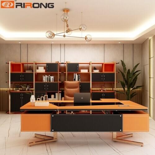 Modern 180cm Personal Complete Office Furniture Design Custom Orange Office Wooden L Shape Executive Director Table Desk Chairs