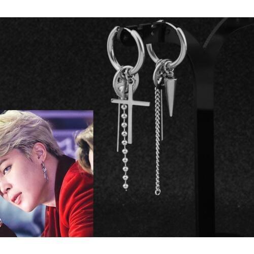 1 pc KPOP Bangtan Boys Stainless steel Cross Stud Earrings Punk Antiwar Peace Earrings jewelry for men women Jimin Fans
