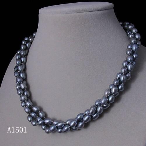 Unique Pearls jewellery Store,3rows 6-7mm Rice Gray Color Freshwater Pearl Necklace,Magnet Clasp,Charming Women Gift Jewelry