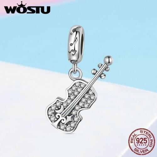 WOSTU Original Real 925 Sterling Silver Violin Guitar Bead Charms Pendant Fit Charm Bracelet Necklace For Women Jewelry FIC1078
