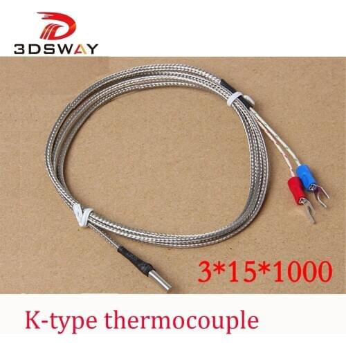 3DSWAY 3D Printer Accessories K Type Thermocouple 3D Printer Fitting Temperature Sensor 3*15*1000 for RAMPS 1.4 Prusa 1pcs