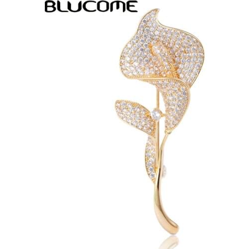 Blucome Luxury Plant Shape Brooch Full Zircon Copper Jewelry Women Clothing Sweater Suit Wedding Banquet Chest Accessories Gifts
