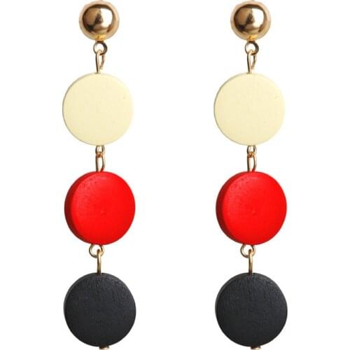 Antique Handmade Black and White Earrings Wooden Round Drop Dangling Earring for Women Acrylic Wood Tassel Long Earrings 2018