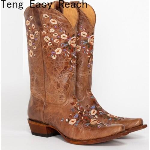 Retro Cowboy Boots Low Heel Autumn Winter Women Shoes Cool British Embroidered Design Western Boots Pointed Toe Knee-High Boots