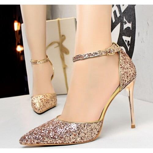 NEW 9.5CM Women Pumps Wedding Shoes Bride Sexy High Heels Pointed Toe Bling Sequin Party Heel Shoes Gold Red Ladies Heel Sandals