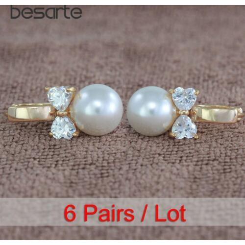 6Pair Wholesale Pearls Gold Hoop Earrings Women Kolczyki Boucle D'oreille Perle Oorbellen Perola Oorringen Cz Earings Kupe E0310