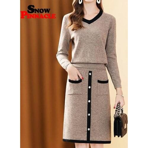 Women 2020 knitted Suit and sets Autumn 2piece set V-neck pullovers + knitted skirts Soft warm for female free size