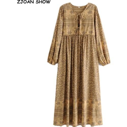 2021 Spring Bohemia Bandage Lacing up Collar Yellow Leopard Floral Print Dress BOHO Woman Long Sleeve Holiday Dresses Beach