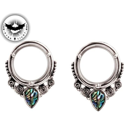 1Pair Stainless Steel Flesh Ear Tunnel Gauges Plug Ear Reamer Body Piercing Expander Extension with Abalone Inlay Ornate