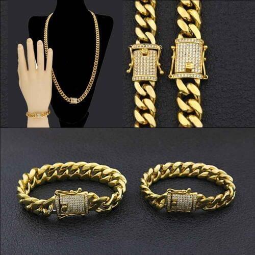 14mm Men Cuban Miami Link Necklace Bracelets Stainless steel Dargon Full CZ Clasp Gold Tone Hip hop Bling Chain Jewelry Set