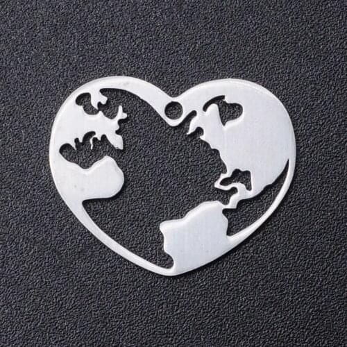 5pcs/lot Stainless Steel World Map Heart Pendant Bracelet Charms DIY Crafting Jewelry Making Handicraft Accessories Wholesale