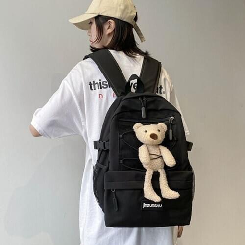 Brand Black Backpacks Women School Backpack for Teenage Girls Net Bag Nylon Solid Large Teen High Student Bagpack Cute big Bear