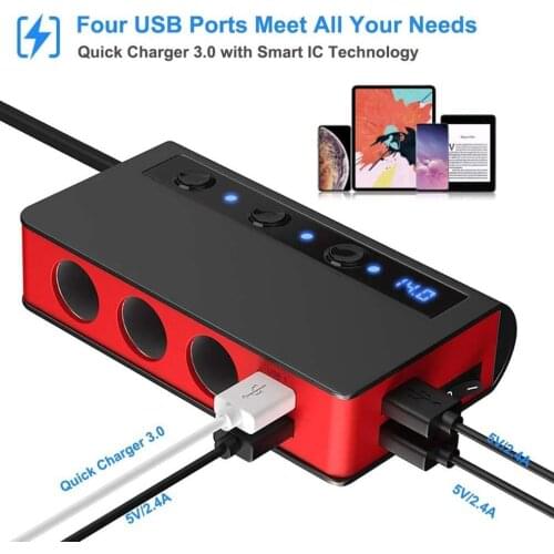 2021New Quick Charge 3.0 Cigarette Lighter Socket Splitter 12V/24V 3-Socket 180W On-Off Car Splitter With 4-Port USB Car Charger