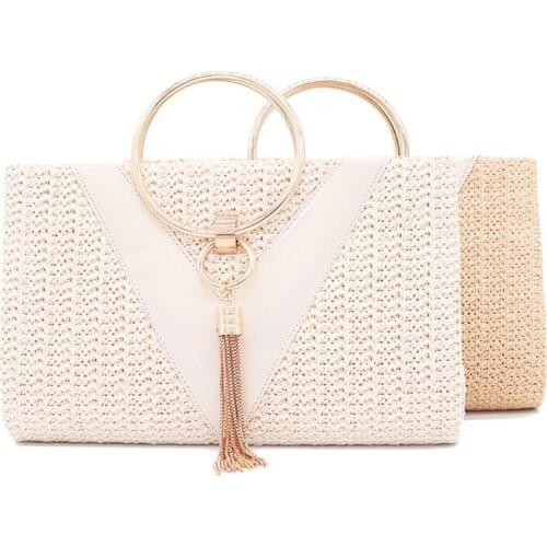 D0LF Womens Evening Clutch Bags Retro Tassel Handbag Ring Handle Handbag Straw Purse Cocktail Wedding Party Prom Bag