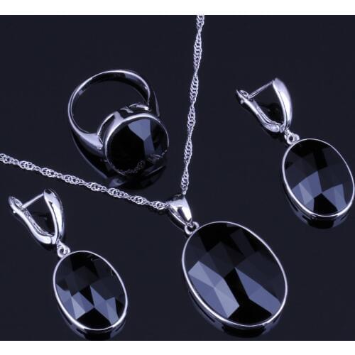 Fantastic Oval Black Cubic Zirconia Silver Plated Jewelry Sets Earrings Pendant Chain Ring V0012