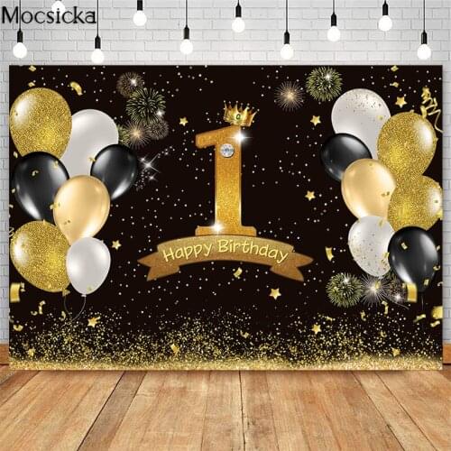 Boy 1st Birthday Party Backdrop Glitter Golden and Black Balloon Decor Backgrounds Photography First Birthday Cake Table Banner