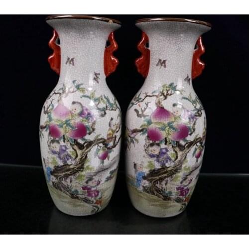 Chinese Ceramics Open Pastel famille rose Porcelain Chinaware Jiuzi Peach Figure Pattern Amphora Two Ears Bottle Flower Vase