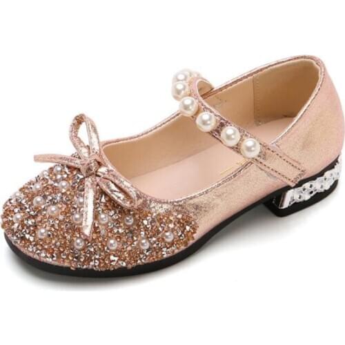 Little Girls Crystal Leather Shoes High Heel Children Pearl Performance Costume Infant Princess Shoes