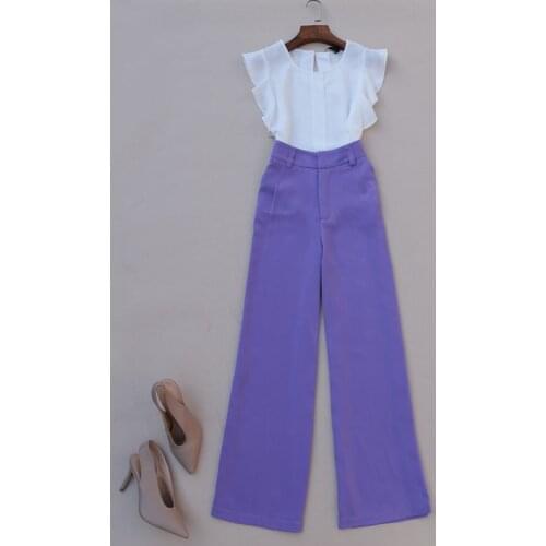 Summer Elegant Ruffled Chiffon Blouse Top and High Waist Wide Leg Trousers Women Clothing Set