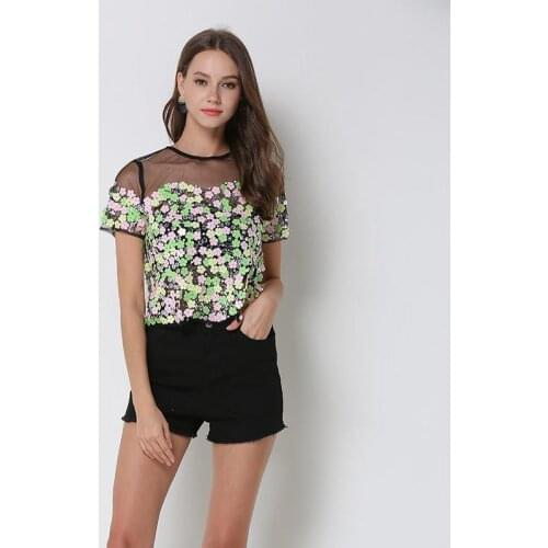 Summer Fashion Casual Hand-stitched Color Sequined Flower Net Yarn Short Sleeves Black White T Shirt Women 6680