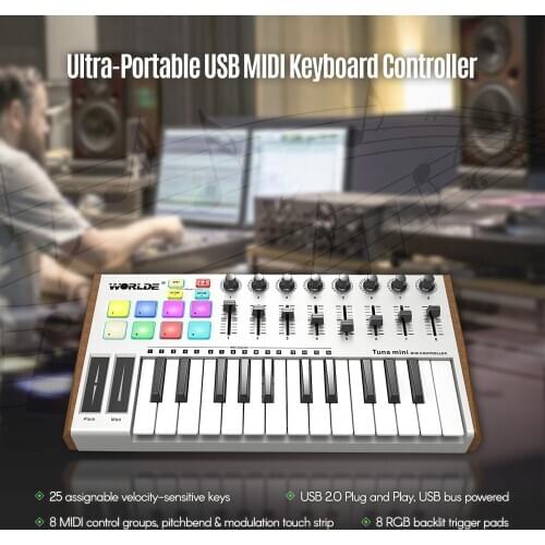 WORLDE TUNA MINI Ultra-Portable 25-Key USB MIDI Keyboard MIDI Controller 8 RGB Backlit Trigger Pads with 6.35mm Pedal Jack