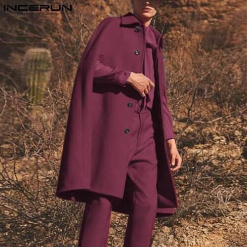 INCERUN 2021 Fashion Men Cloak Coats Lapel Solid Color Single Breasted Streetwear Irregular Ponchos Loose Casual Men Long Trench