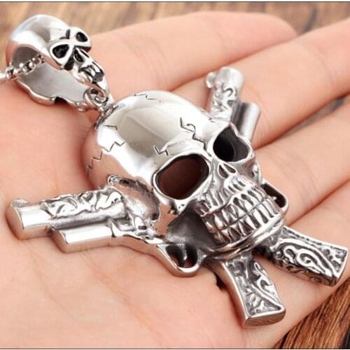 Cool Heavy 316L Stainless Steel Silver Color Skeleton Skull Punk Double Gun Biker Jewelry Mens Pendant Necklace Free Box Chain