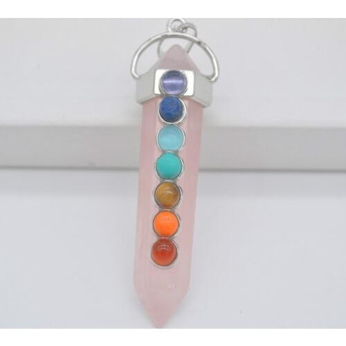 Natural Rose Crystal 7 Chakra Natural Stone GEM Pendant Hexagon Pendulum Women Jewelry S3122
