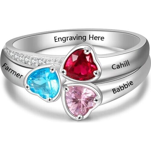925 Sterling Silver Personalized Mother Ring with 3 Heart Birthstones Custom Engraved Family Name Rings for Grandma Mother Gift