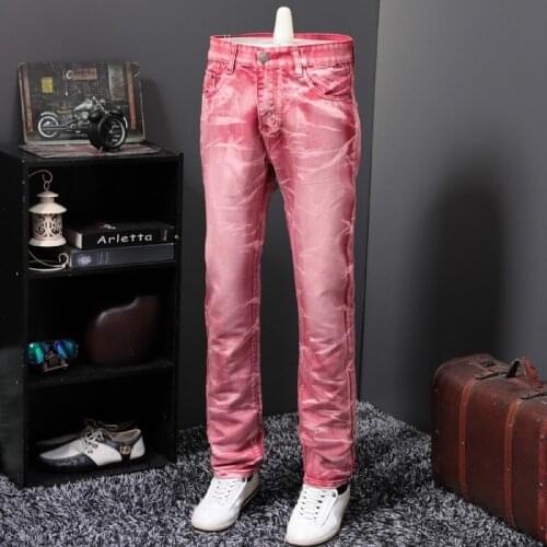 Personality Red Punk Style Mens Loose Straight Wash Denim Pants Full Length Fashion Clubwear Casual Plus Size Cowboy Trousers
