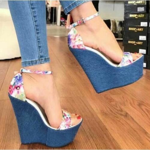 Carpaton Sexy Peep Toe Platform Wedge Sandal Woman Fashion Flower Printed Denim Heels Shoe Summer Ankle Strap Gladiator Shoes