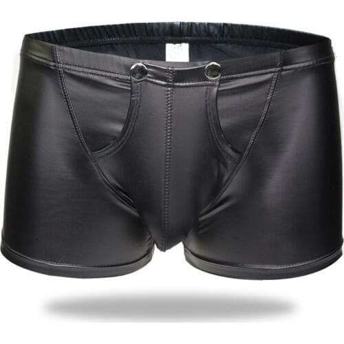Sexy Men Boxers Open Crotch Boxers Faux Leather Stage U Convex Pouch Gay Wear Mens Underwear Jockstrap Fetish Erotic Lingerie