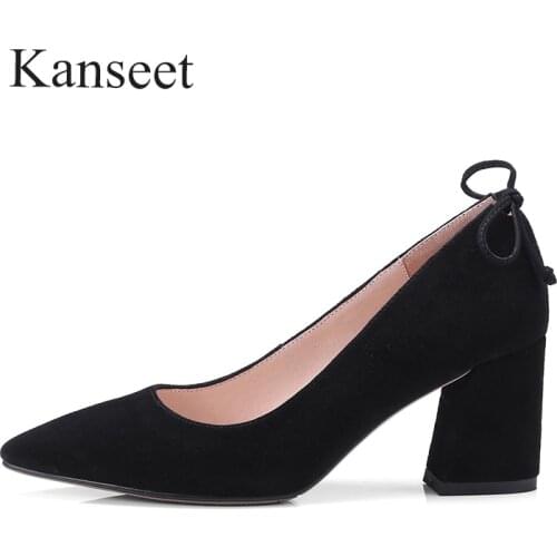 Kanseet 2021 New Womans Pumps Spring Autumn Fashion Genuine Leather Concise Handmade Pointed Toe Black Grey Thick Heels Shoes