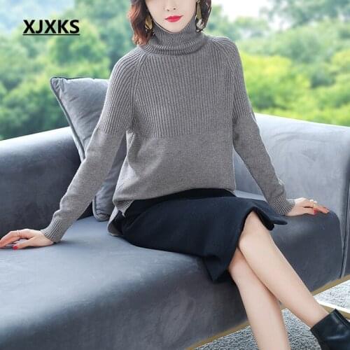XJXKS 2020 New Autumn Winter Women Knitted Sweaters Pullovers Turtleneck Long Sleeve Solid Color Elastic Sweater Women