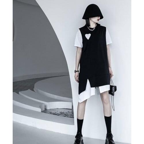 Contrasting Color Stitching Fake Two-Piece T-Shirt Skirt Female Summer New Slit Short-Sleeved Dress