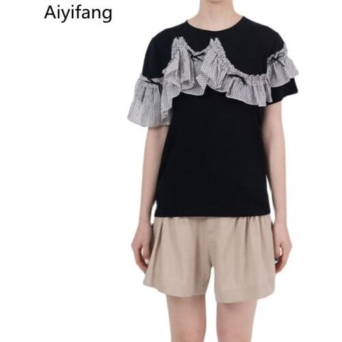 Sweet 2021 Summer Plaid Ruffles Patchwork Design Black T-shirt Runway Women Short-Sleeved Vintage Tees Round Neck All-Match Tops