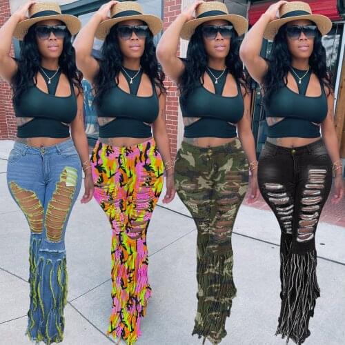 2021 Autumn Casaul Women Jeans Pants Tassel Hollow Out Ripped High Waist Jogger Clothes For Women Outfit