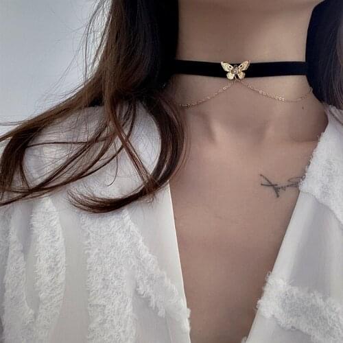 Goth Vintage Butterfly Black Velvet Double Chain Clavicle Collar Choker Necklaces For Women Party Aesthetic Accessories