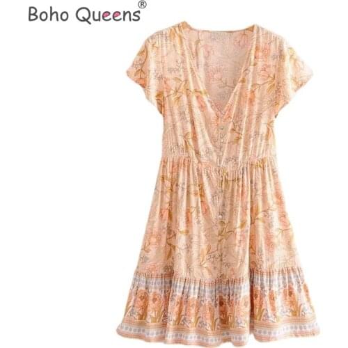 Boho Queens women peacock floral print deep V-neck Bohemian mini dress Ladies short sleeve happie dresses vestidos